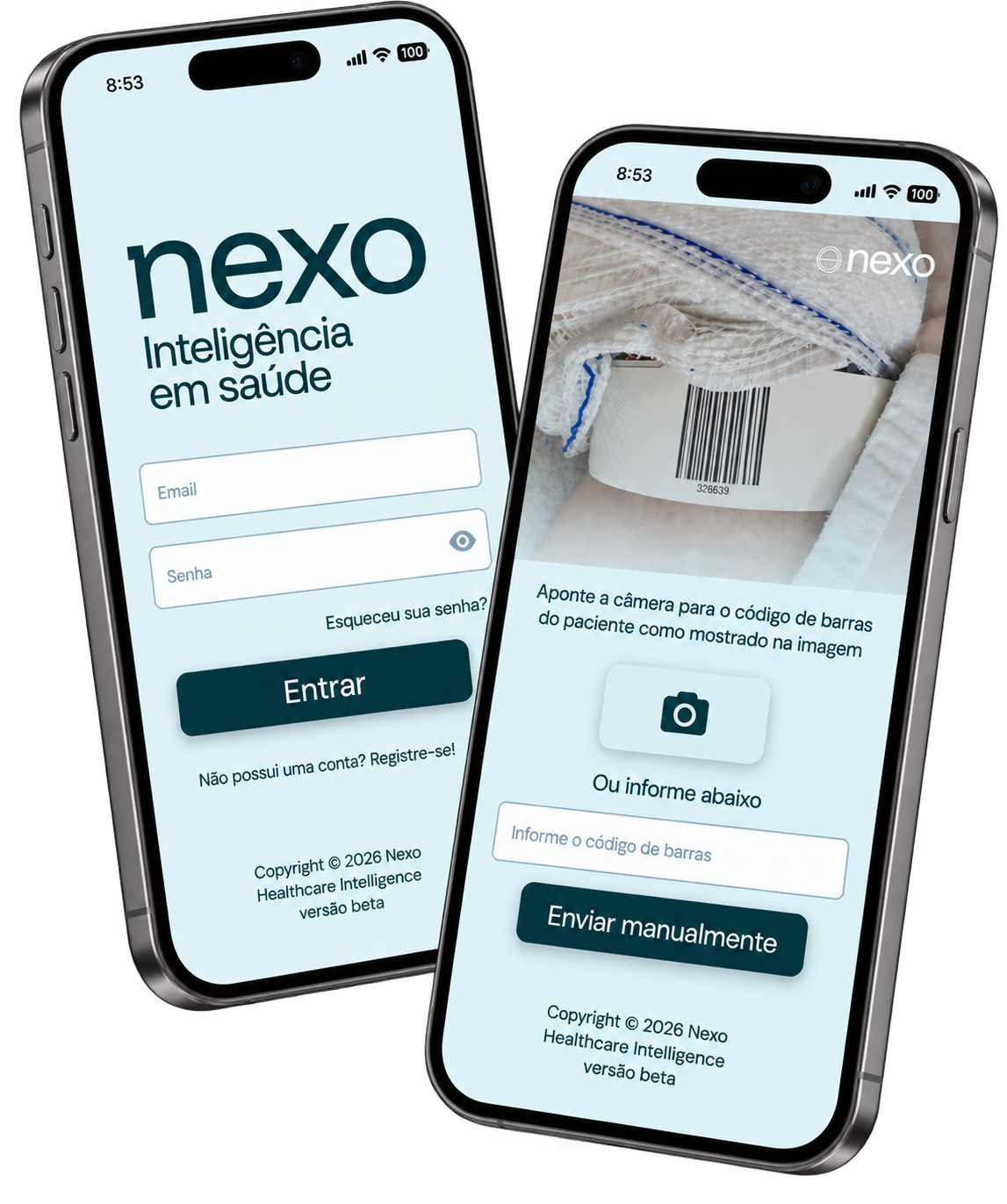 Mockup do NexoVitals mostrando a tela de acesso e a identificação do paciente por código de barras